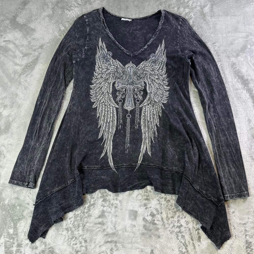 Y2K Gothic Wing Cross Embellished Asymmetrical Top Grunge Ed Hardy Style Women S